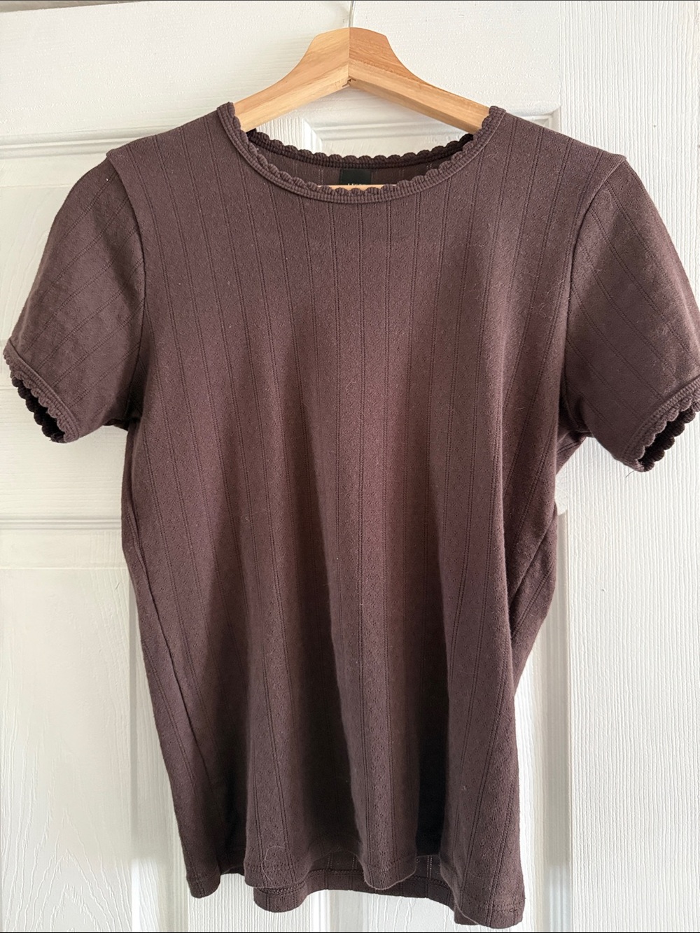 LESET Scalloped pointelle Short Sleeve Tee in Dark Brown